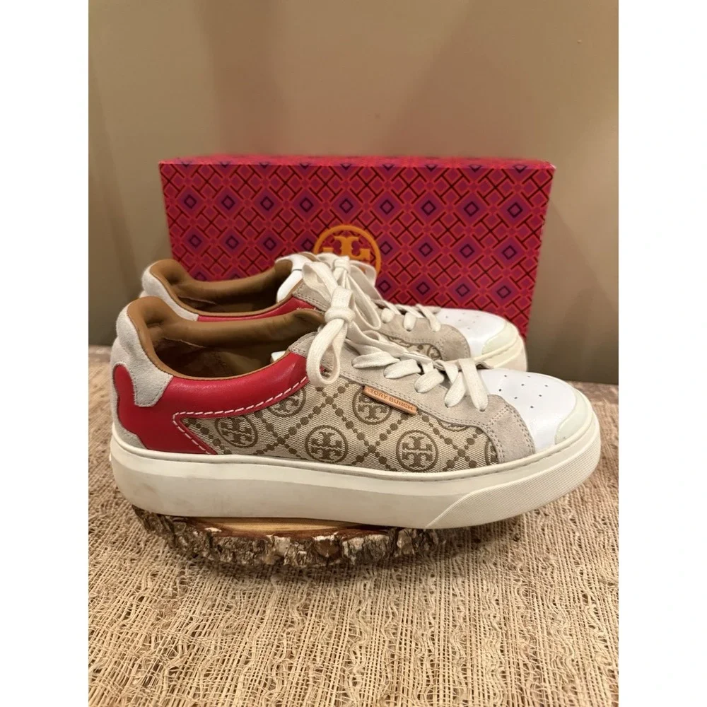 Tory Burch T Monogram Ladybug Court Sneaker 10.5M Beige Logo Red Leather Retro